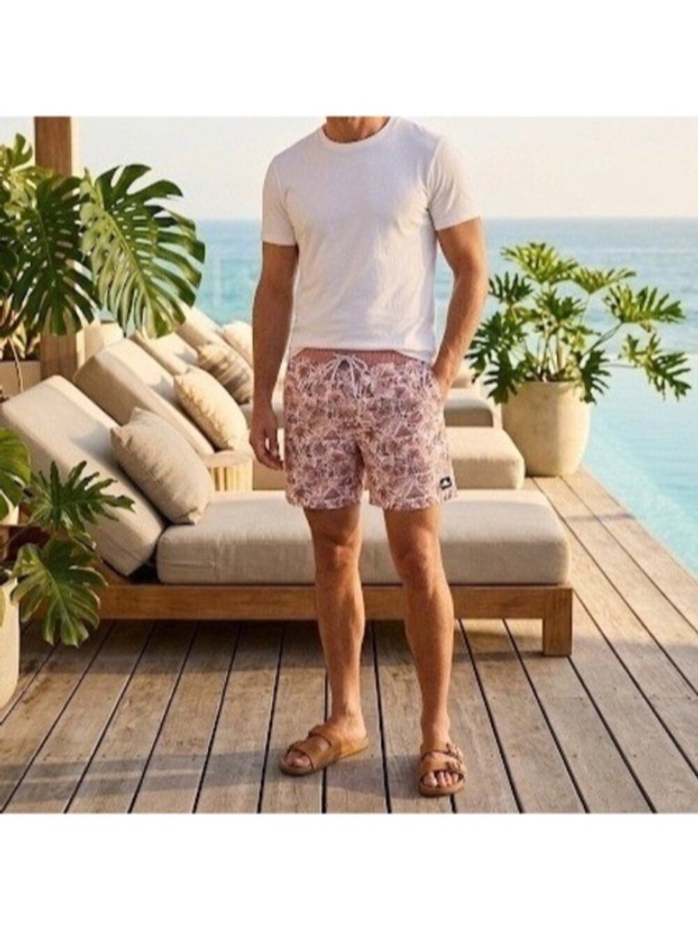 Quiksilver Swim Trunks Mens XL Pink Tropical Palm Print Mesh Lined Board Shorts
